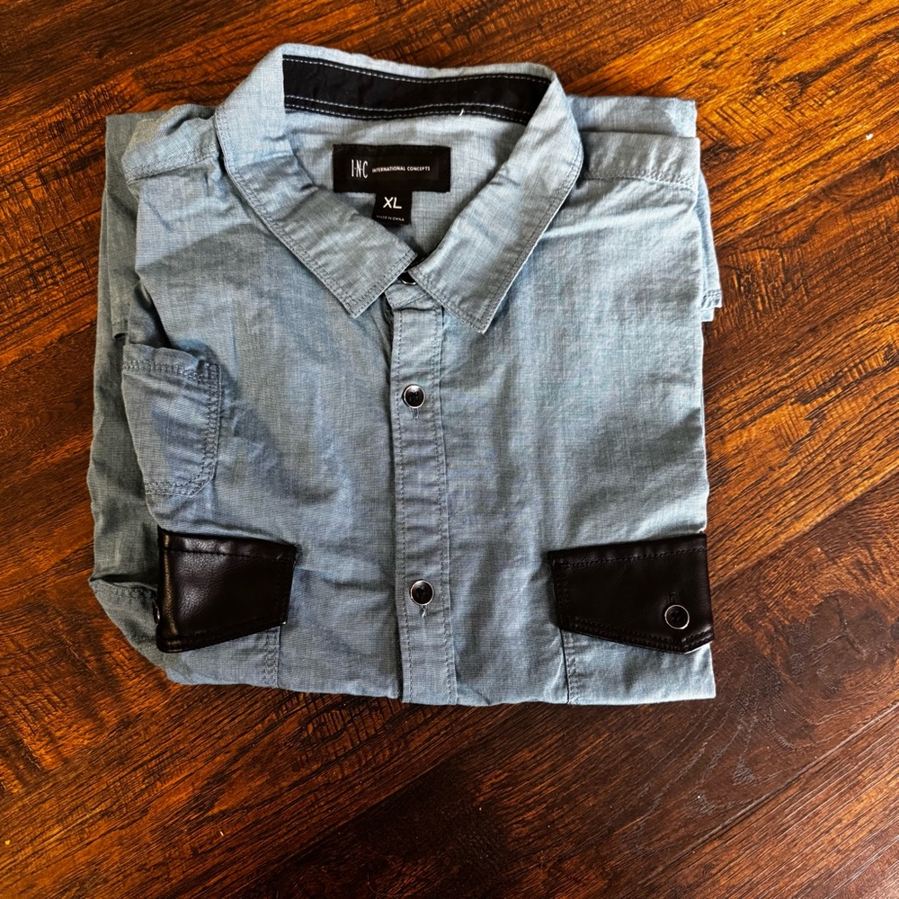 INC International Concepts Men's Casual Blue Shirt w/Leather Accents